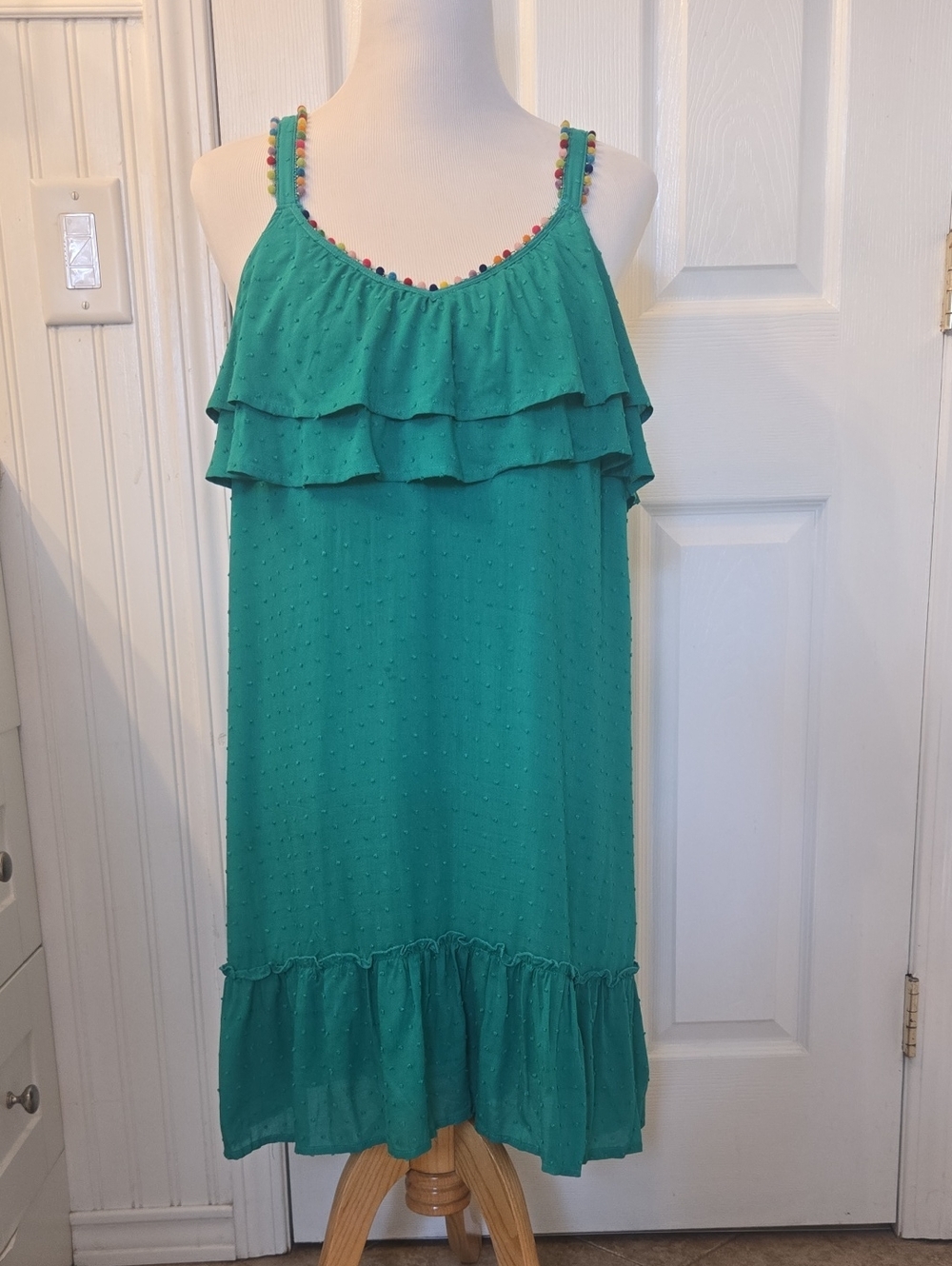 Blue Rain Green Tiered Ruffle Sundress with Multicolores Pompom Detail Size L